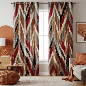 Boho Chevron Pattern Curtain Panel, Earthy Tones Watercolor Striped Drapes, Modern Custom Made Window Treatments for Living Room or Bedroom
