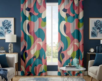 レトロなアーチカーテン、ミッドセンチュリーモダンティールベージュ