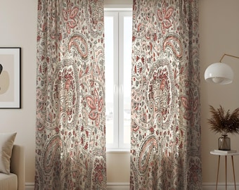 Paisley Cotton Linen Curtains, Boho Red & Beige Light Filtering Drapes, Indian Block Print Inspired Ethnic Window Treatment for Living Room