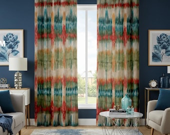 Kleurrijk ikat-patroongordijn, boho-artistieke oogjegordijnen, veelkleurige raampanelen in tribale stijl, moderne woonkamerinrichting