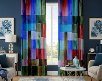 Color Block Patchwork Curtains , Blue Red Green Abstract Drapes, Modern Watercolor Style Custom Size & Heading Window Curtain Panels