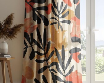 Bold Abstract Leaf Cotton Linen Curtains, Orange Black Modern Botanical Semi Sheer Drapes, Boho Chic Decor for Living Room