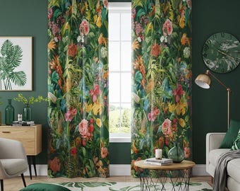 トロピカルボタニカルカーテン、柔らかくカラフルな葉と花のプリント