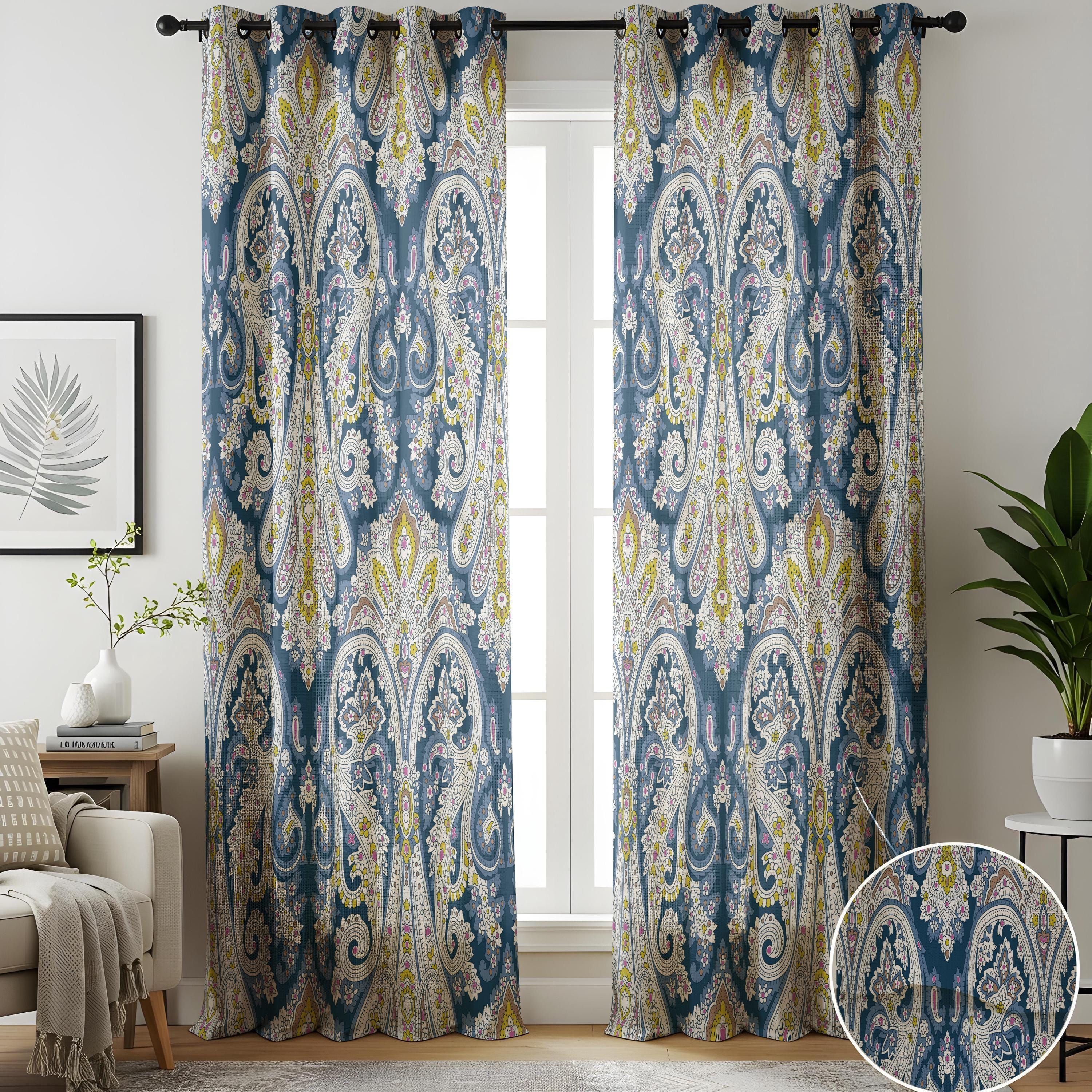 【匿名配送】ドレープカーテン：ルシェ/ペイズリー柄（レッド）ブラウン系 ブルーイエローペイズリーコットンリネンカーテン、オーダーメイド