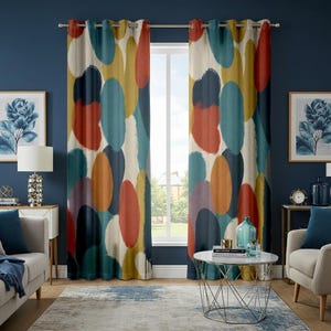 Bold Abstract Curtain Panel, Vibrant Multicolored Brushstrokes in Circular Forms Drape, Shades of Teal, Orange, Yellow, Red Window Treatment