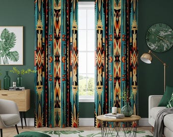 Southwestern Aztec Curtains, Bold Tribal Print Drapes, Rustic Western Window Panels, Boho Lodge Cabin Decor, Teal & Rust Tones