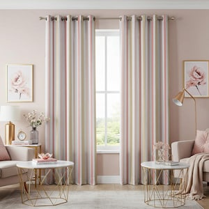 May include: A pair of pink, beige and cream striped curtains with eyelet tops hang in a living room with a pink wall. The curtains are drawn and the window is visible behind them.