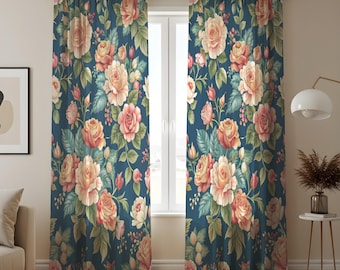 Katoen-linnen bloemengordijnen met vetroospatroon, gordijnen met botanische print voor woonkamer, decor in cottage-stijl, op maat gemaakte raampanelen