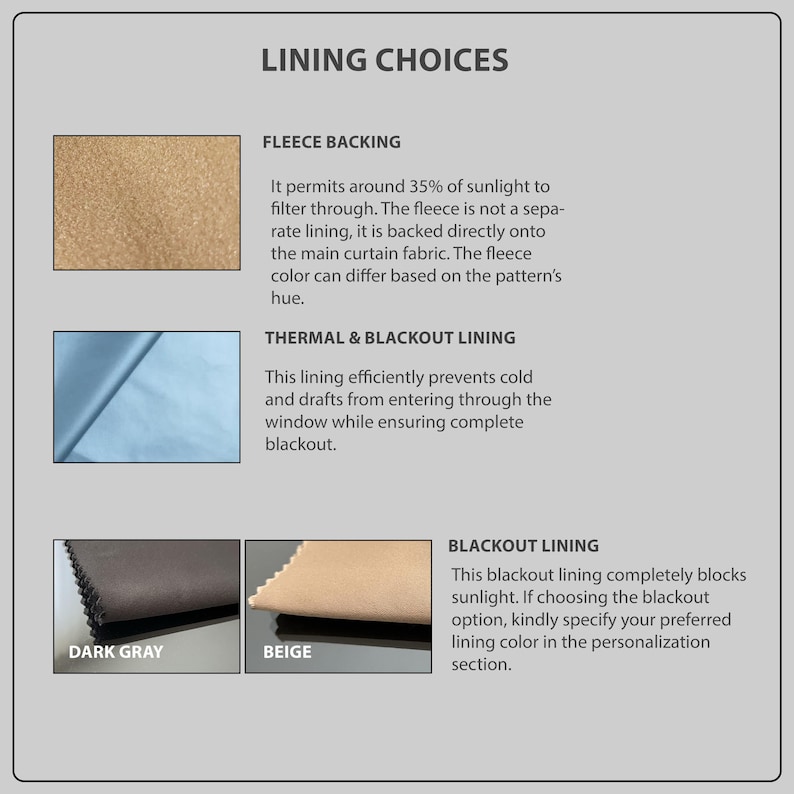 a page describing the different types of lining choices