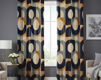 Retro geometrische gordijnen, moderne blauworanje gordijnen uit het midden van de eeuw, abstract cirkelpatroon raampanelen, vintage stijl woonkamerdecoratie