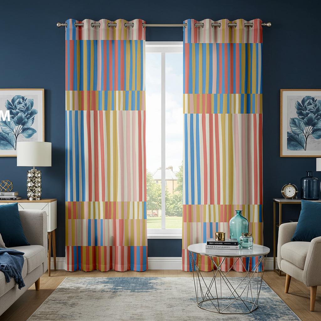 Retro Color Block Stripe Curtains, Mid-Century Modern Multicolor Window Panels for Living Room or Bedroom Decor
