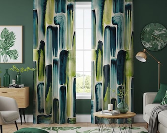 Groenblauw abstract gordijn, moderne retro oogjesgordijnen, aquarel penseelstreek raampanelen, eigentijds woonkamerdecor