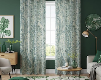 Cortinas con estampado floral clásico, diseño de cachemira verde azulado, paneles de ventana con diseño floral a medida para sala de estar o dormitorio.