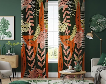 Abstract Botanical Curtains, Boho Chic Drapes, Modern Tropical Window Treatments, Earthy Tones Leaf Print Curtain Panels