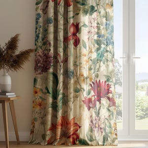 May include: Floral curtain with a variety of flowers in red, purple, yellow, and blue. The curtain is made of a light-coloured fabric and hangs in front of a window. A vase with dried plants sits on a wooden table.