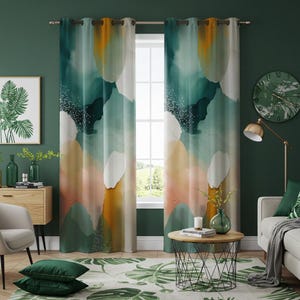 Gordijn in abstracte aquarelstijl, zachte pastelkleurige draperie, modern interieur, blauwgroen artistiek stroomontwerp
