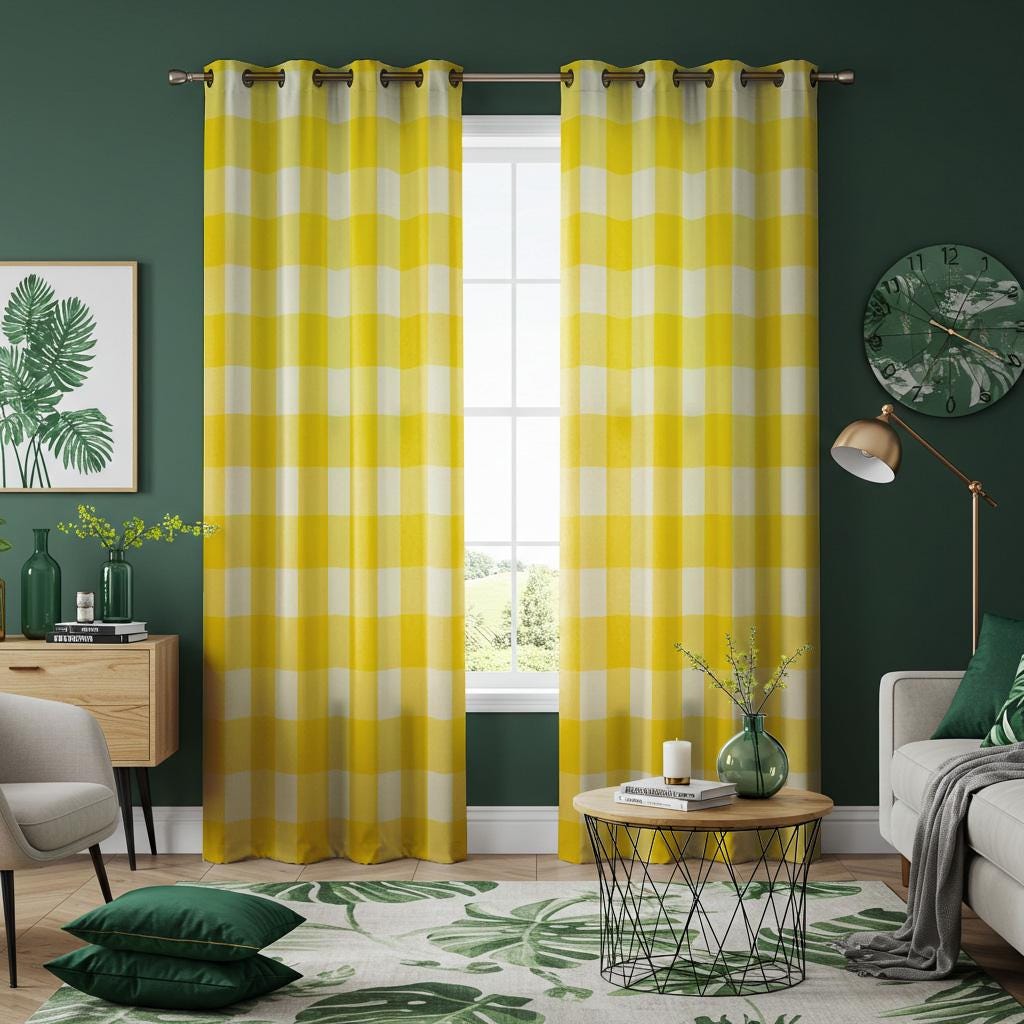 Lot De 2 Rideaux Occultants 107x244 Cm - Tissu Paysage Jaune Et Noir - 100% Polyester - Couvre-fenêtre Pour Chambre Et Salon - 7