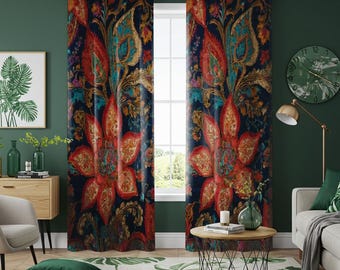 Boho bloemengordijn, gedurfde rode en marineblauwe botanische gordijnen met oogjes, klassieke grote raampanelen met bloemen, bloemen op maat gemaakte gordijnen