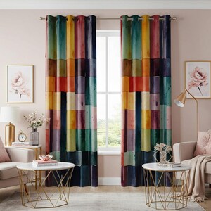 Watercolor Patchwork Boho Curtain, Vibrant Multicolored Geometric Block Design Drape image 3