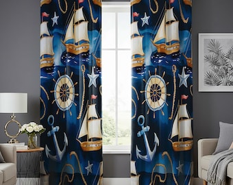 Sea Adventure Curtains, Blue Ocean Sailboat Drapes, Coastal Theme Window Panels, Kids' Nautical Room Decor