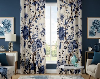 Blue Floral Curtain Panel, Classic Botanical Window Drapes, Navy Cream Flower Print Curtains, Cottagecore Decor