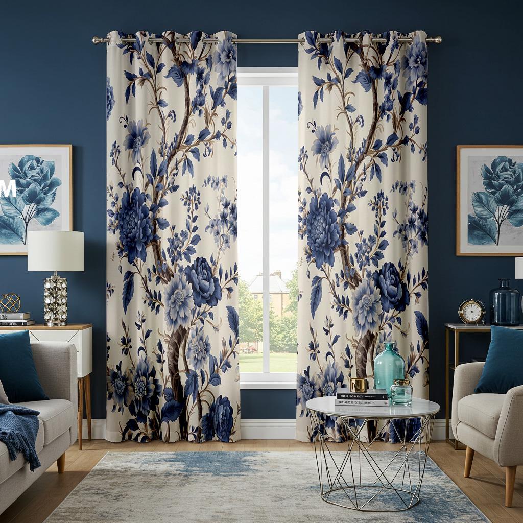 Blue Floral Curtain Panel, Classic Botanical Window Drapes, Navy Cream Flower Print Curtains, Cottagecore Decor