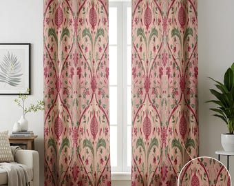 Roze en groene botanische katoenen linnen gordijnen, klassieke gordijnen met wijnrankpatroon, op maat gemaakte raampanelen voor woonkamer