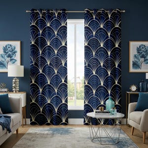 May include: Dark blue Art Deco curtains featuring a repeating fan design in a light gold hue. The curtains are hung in front of a window, with a room decorated in matching blue tones and furniture.