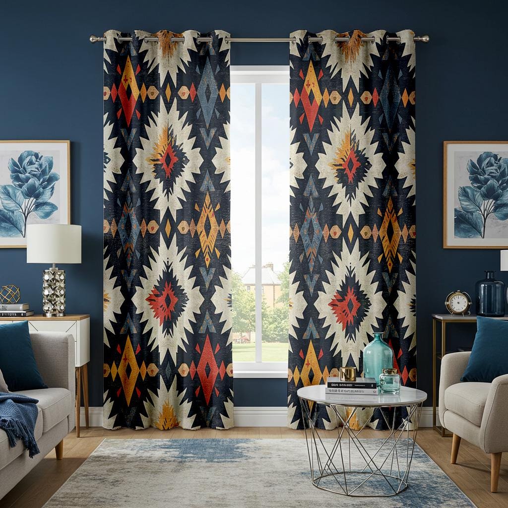 Southwestern Aztec Curtains, Bold Tribal Geometric Eyelet Drapes in Red, Yellow & Black, Boho Western Made to Order Window Panels