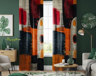 Modern abstract gordijn, roodoranje geometrische retrogordijnen, hedendaagse artistieke raampanelen, gedurfd kleurenblok woonkamerdecoratie
