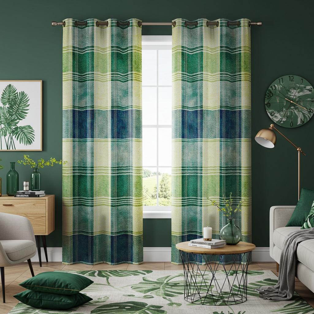 Green Blue Checkered Curtains, Tartan Plaid Window Drapes, Cozy Rustic Gingham Style Panels for Living Room or Cabin Decor