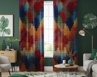 Veelkleurig tribal ikat-gordijn, boho geometrische gordijnen, kleurrijke etnische raampanelen, modern artistiek woonkamerdecor