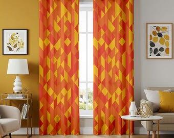 Tende A Pannello Motivo Scacchi Multicolore | Arancione E Grigio | Set Da 2 | Lunghezza 213 Cm | Filtro Luce Per Soggiorno E Camera Da Letto - 2