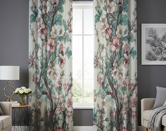 Cortina clásica con diseño de árbol floral, cortinas con ojales de flores botánicas, paneles de ventana con temática natural romántica, decoración de sala de estar estilo cottagecore
