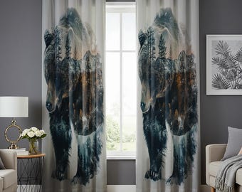 Wildlife Bear Curtains, Nature Forest Double Exposure Window Drapes, Rustic Cabin Lodge Decor, Custom Length Panel for Living Room & Bedroom