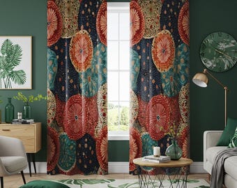 Boho-mandalagordijn, kleurrijk tribal medaillon oogje gordijnen, boerderij etnische raampanelen, geometrische woonkamerdecor