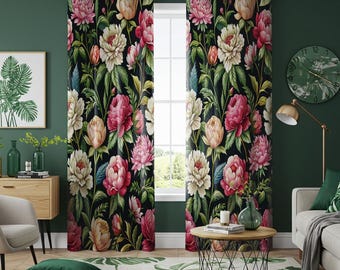 Dark Floral Curtains, Moody Peony Pattern Drapes, Farmhouse Botanical Window Panels for Living Room or Bedroom