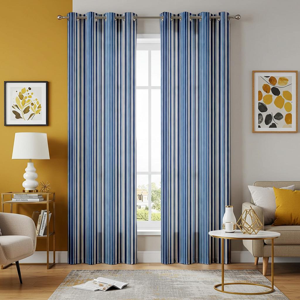 ブルーのストライプカーテン、ネイビーの縦型窓パネル、リビングルーム