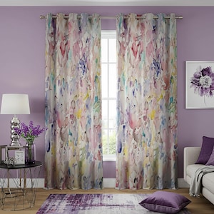 May include: A pair of long, patterned curtains with a watercolor-like design in shades of pink, purple, blue, and yellow. The curtains are hung on a silver curtain rod with silver grommets.