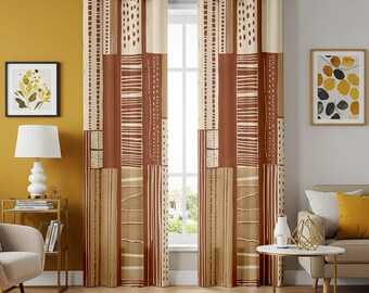 Tende geometriche tribali, tende beige marroni in stile moderno di metà secolo, pannelli per finestre con motivi etnici astratti, arredamento retrò per il soggiorno