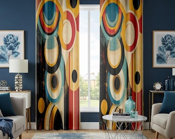 Retro gordijn met geometrische cirkelprint, opvallende moderne gordijnen uit het midden van de eeuw, abstract vintage geïnspireerde woondecoratie