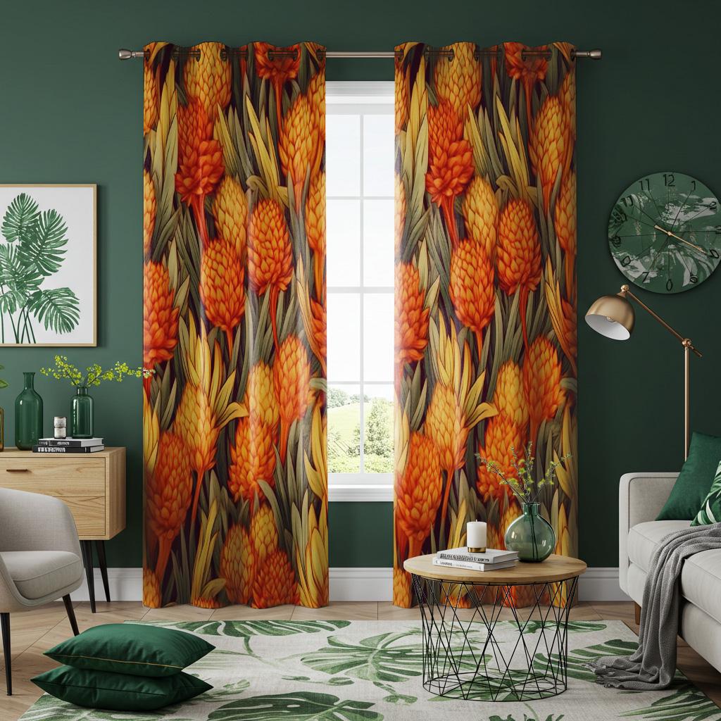Tropical Pineapple Print Curtains, Bold Orange Fruit Window Drapes, Exotic Custom Heading & Size Panels for Kitchen or Living Room Decor