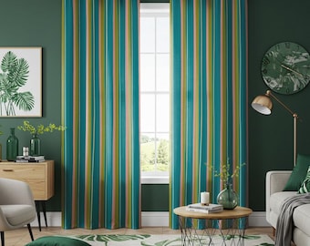 Teal Striped Curtains, Colorful Vertical Stripe Drapes, Modern Eyelet Window Panels for Living Room or Bedroom Decor