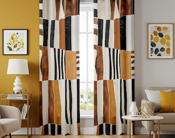 Tende geometriche astratte moderne, tende da finestra color senape marrone nero, tende a righe contemporanee, pannelli per tende in stile moderno di metà secolo
