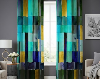 Modern Color Block Curtains, Turquoise Teal Blue Patchwork Drapes, Vibrant Abstract Made to Order Custom Heading Window Panels