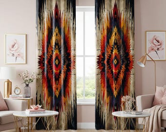 Rustieke westerngordijnen, woestijnzonsondergang kleurenpalet draperie, boho lodge-stijl raamdecoratie, woondecoratie zuidwestelijk patroon