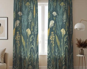 May include: Two teal-colored window curtains with a botanical design. The curtains feature a repeating pattern of stylized wildflowers and grasses in shades of yellow, white, and light blue. The curtains are hanging in front of a window.