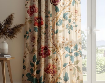 Boerderij bloemen katoenen linnen gordijnen, botanische wijnranken gordijnen, traditioneel rustiek decor, raampanelen rood en blauwgroen bloem, Cottagecore draperie