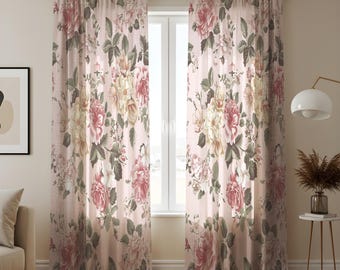 Classic Floral Cotton Linen Curtains, Pink Roses Shabby Chic Drapes, Romantic Botanical Window Panels for Bedroom