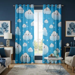 Cortinas de nubes azules kawaii, lindas cortinas de nubes sonrientes para habitación infantil o guardería, divertidos paneles de ventana personalizados.